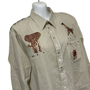 Vintage Get Lucky Embroidered Embellished African Animals Striped Button Shirt